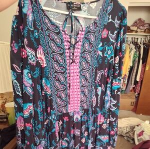 Lane Bryant Blue and Pink Tie Front Tunic